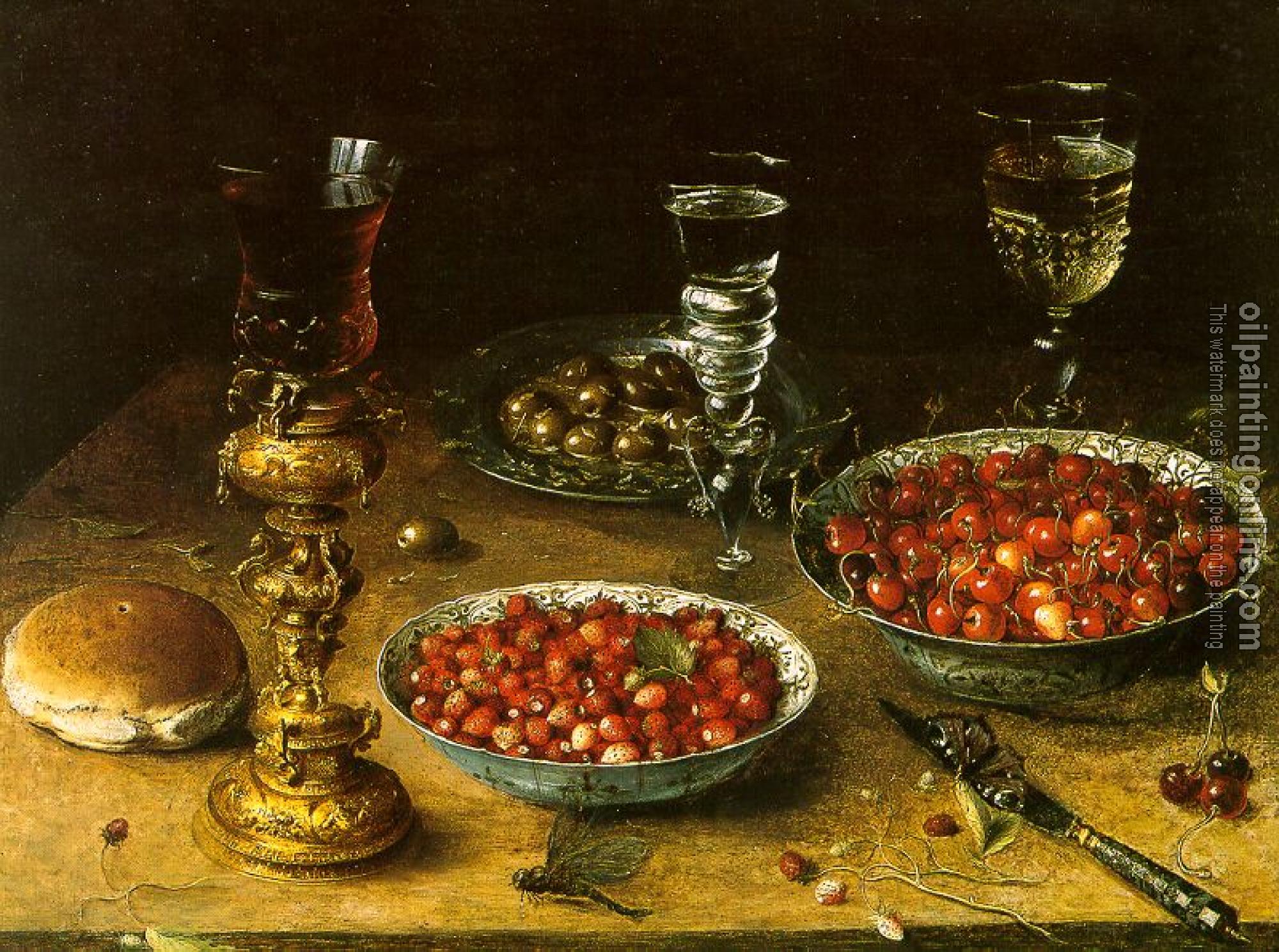 Beert, Osias - Graphic Still-Life with Cherries & Strawberries in China Bowls